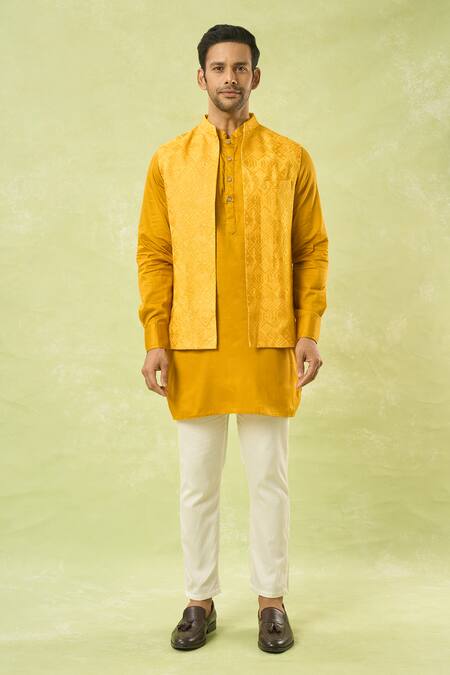 Spring Break_Yellow Viscose, Cotton Satin Embroidery Geometric Bundi And Kurta Set _at_Aza_Fashions