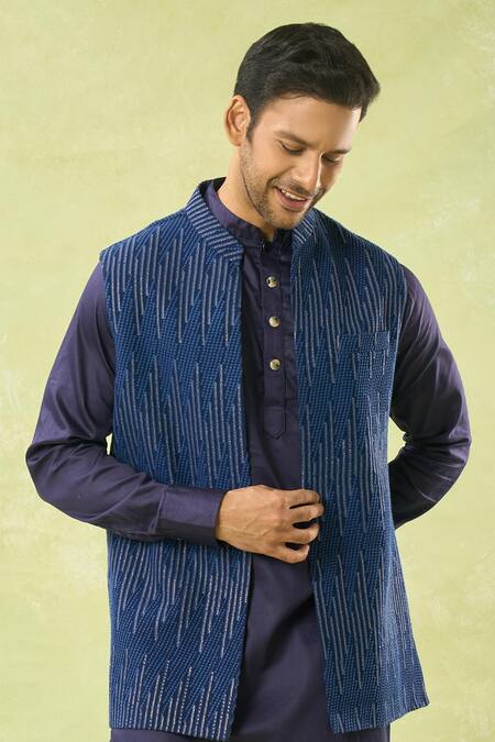 Spring Break_Blue Georgette, Cotton Satin Sequins, Embroidery Geometric Bundi And Kurta Set _Online_at_Aza_Fashions