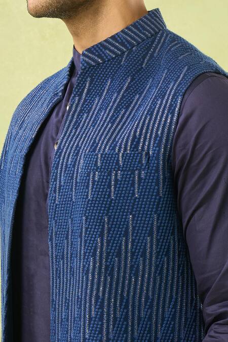 Shop_Spring Break_Blue Georgette, Cotton Satin Sequins, Embroidery Geometric Bundi And Kurta Set _Online_at_Aza_Fashions