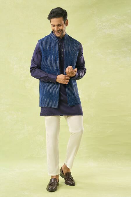 Spring Break_Blue Georgette, Cotton Satin Sequins, Embroidery Geometric Bundi And Kurta Set _at_Aza_Fashions