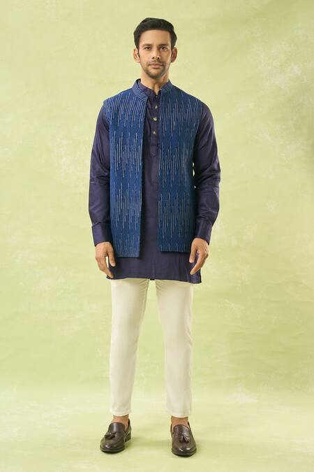 Buy_Spring Break_Blue Georgette, Cotton Satin Sequins, Embroidery Geometric Bundi And Kurta Set 