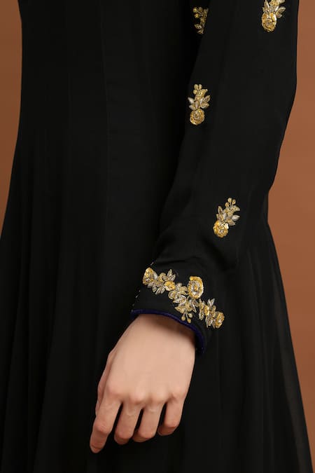 Rirasa_Black Organza, Georgette Embroidery Keyhole Neck Bloom Anarkali And Dupatta Set _Online_at_Aza_Fashions