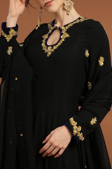 Shop_Rirasa_Black Organza, Georgette Embroidery Keyhole Neck Bloom Anarkali And Dupatta Set _Online_at_Aza_Fashions