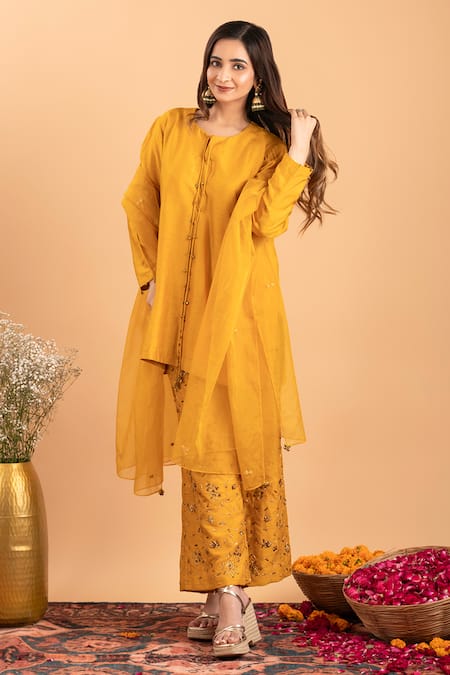Rirasa Yellow Silk, Organza Embroidery Round Neck Ghungroo Embellished Kurta Set Online at Aza Fashions Rirasa_Yellow Silk, Organza Embroidery Round Neck Ghungroo Embellished Kurta Set _Online_at_Aza_Fashions