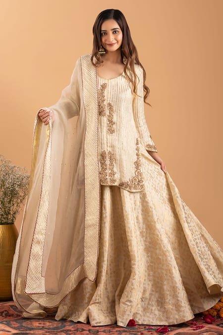 Shop_Rirasa_Ivory Georgette, Organza Embroidery, Gota Patti Scoop Kurta And Woven Skirt Set _Online_at_Aza_Fashions