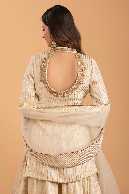 Rirasa_Ivory Georgette, Organza Embroidery, Gota Patti Scoop Kurta And Woven Skirt Set _at_Aza_Fashions