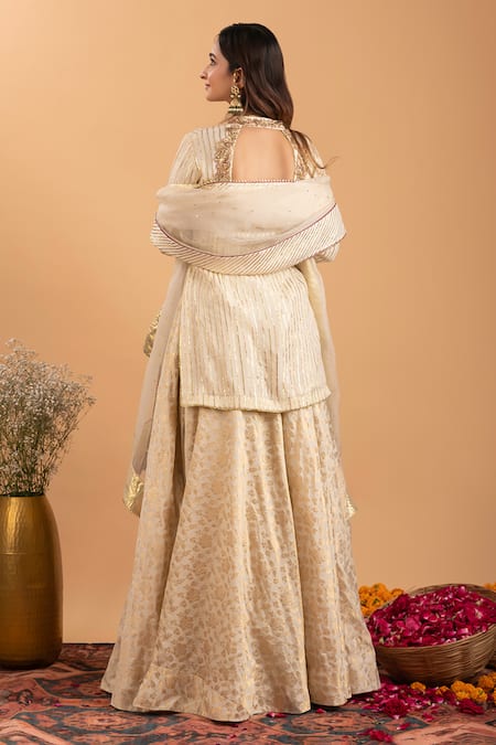 Rirasa_Ivory Georgette, Organza Embroidery, Gota Patti Scoop Kurta And Woven Skirt Set _Online_at_Aza_Fashions
