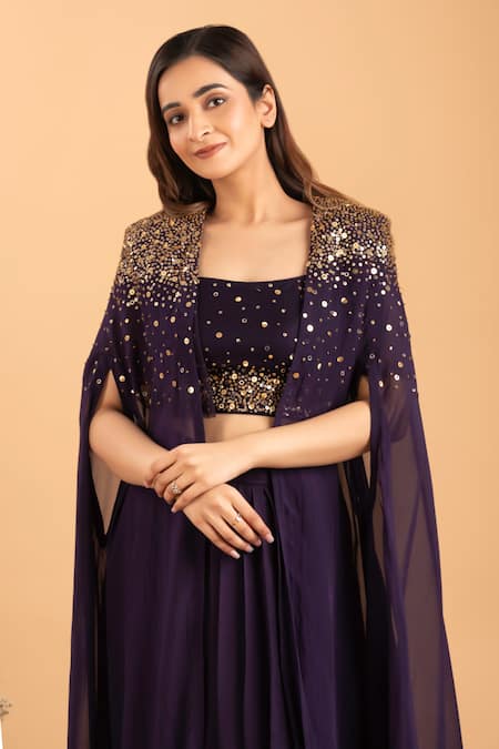 Buy_Rirasa_Purple Silk, Organza Sequins Open Neck Embroidered Cape And Skirt Set _Online_at_Aza_Fashions
