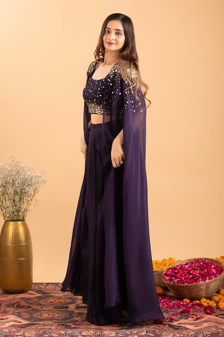Shop_Rirasa_Purple Silk, Organza Sequins Open Neck Embroidered Cape And Skirt Set _Online_at_Aza_Fashions