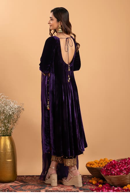 Shop Rirasa Purple Velvet, Organza Sequins Round Neck Embellished Anarkali Set at Aza Fashions Shop_Rirasa_Purple Velvet, Organza Sequins Round Neck Embellished Anarkali Set _at_Aza_Fashions