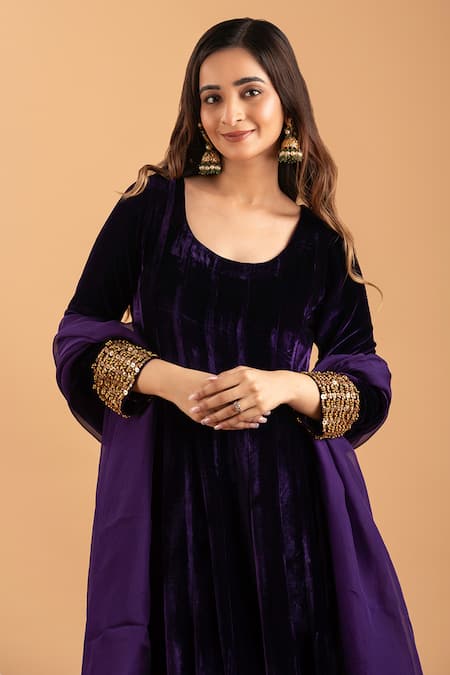 Shop Rirasa Purple Velvet, Organza Sequins Round Neck Embellished Anarkali Set Online at Aza Fashions Shop_Rirasa_Purple Velvet, Organza Sequins Round Neck Embellished Anarkali Set _Online_at_Aza_Fashions
