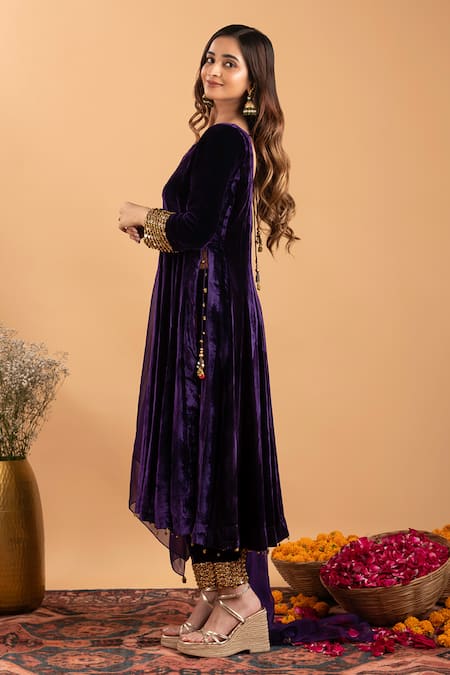 Rirasa Purple Velvet, Organza Sequins Round Neck Embellished Anarkali Set at Aza Fashions Rirasa_Purple Velvet, Organza Sequins Round Neck Embellished Anarkali Set _at_Aza_Fashions