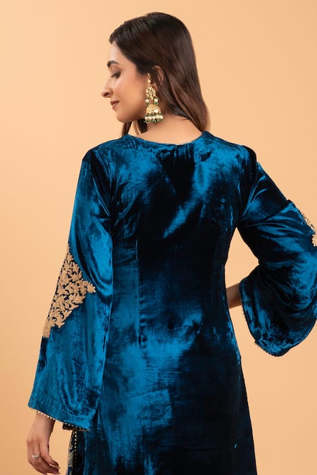 Shop_Rirasa_Blue Velvet, Georgette Embroidery Round Crest Bloom Kurta And Woven Salwar Set _Online_at_Aza_Fashions