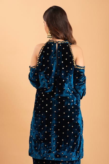Shop Rirasa Blue Velvet Sequins Off-shoulder Teal Embroidered Kurta Set at Aza Fashions Shop_Rirasa_Blue Velvet Sequins Off-shoulder Teal Embroidered Kurta Set _at_Aza_Fashions