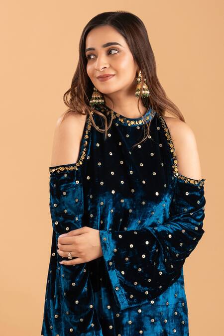 Rirasa Blue Velvet Sequins Off-shoulder Teal Embroidered Kurta Set Online at Aza Fashions Rirasa_Blue Velvet Sequins Off-shoulder Teal Embroidered Kurta Set _Online_at_Aza_Fashions