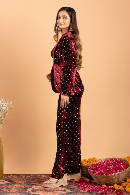 Buy_Rirasa_Maroon Velvet Sequins Collared, Square Neck Embroidered Jacket And Pant Set _Online_at_Aza_Fashions
