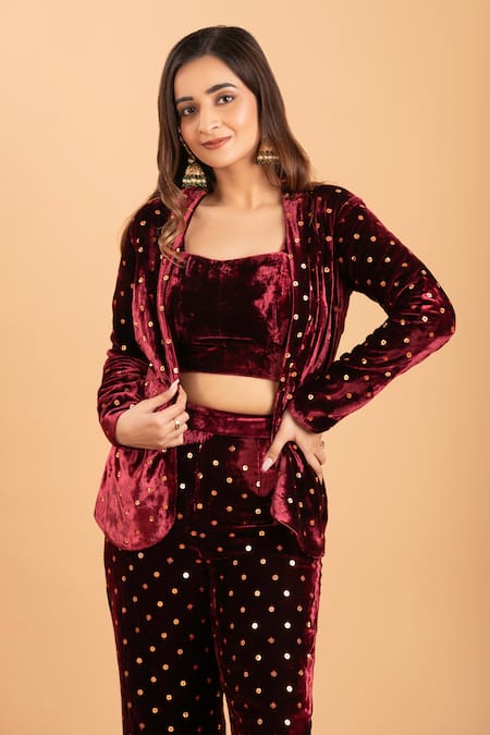 Shop_Rirasa_Maroon Velvet Sequins Collared, Square Neck Embroidered Jacket And Pant Set _Online_at_Aza_Fashions