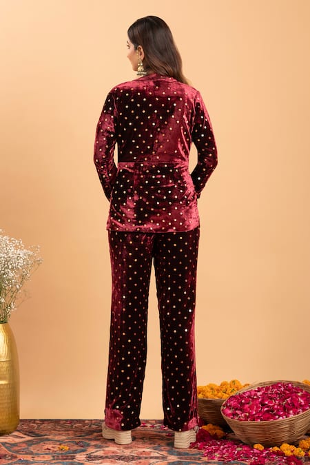Rirasa_Maroon Velvet Sequins Collared, Square Neck Embroidered Jacket And Pant Set _Online_at_Aza_Fashions