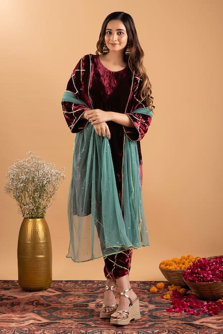 Buy_Rirasa_Maroon Velvet, Net Embroidery, Gota Patti, Sequins Round Neck Striped Kurta Set _Online_at_Aza_Fashions
