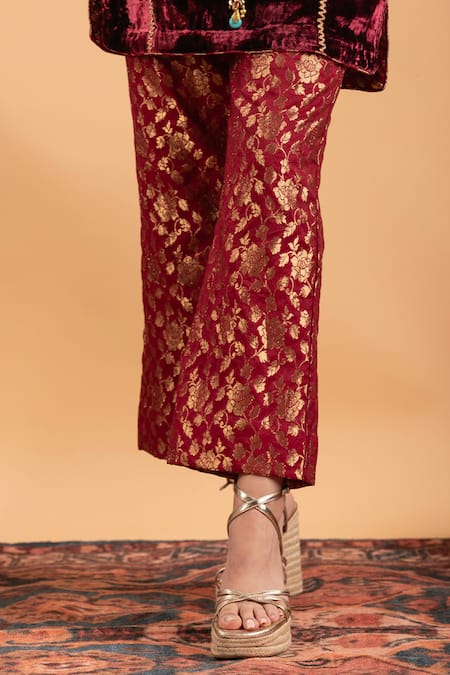 Shop_Rirasa_Maroon Velvet, Georgette Lace, Embroidery Round Neck Kurta And Floral Pant Set _Online_at_Aza_Fashions