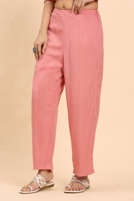 Mamicha_Pink Cotton, Chiffon Embroidery Round Neck Floral Polka Dot Kurta Set_Online_at_Aza_Fashions