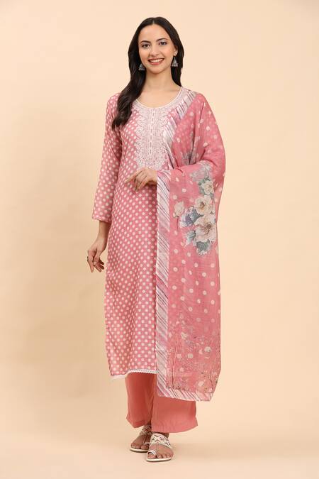 Buy_Mamicha_Pink Cotton, Chiffon Embroidery Round Neck Floral Polka Dot Kurta Set_Online_at_Aza_Fashions