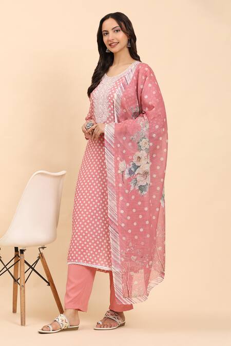 Shop_Mamicha_Pink Cotton, Chiffon Embroidery Round Neck Floral Polka Dot Kurta Set_Online_at_Aza_Fashions