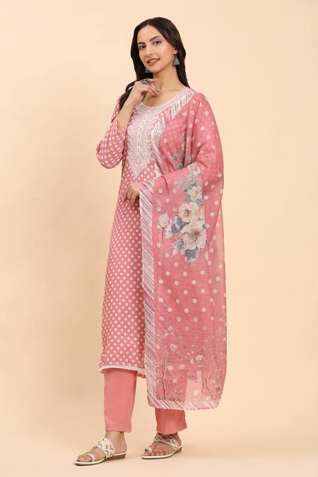 Mamicha_Pink Cotton, Chiffon Embroidery Round Neck Floral Polka Dot Kurta Set_at_Aza_Fashions