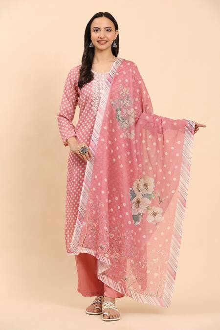 Buy_Mamicha_Pink Cotton, Chiffon Embroidery Round Neck Floral Polka Dot Kurta Set