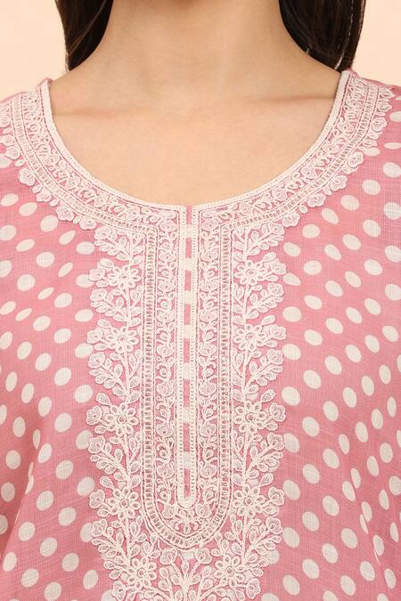 Shop_Mamicha_Pink Cotton, Chiffon Embroidery Round Neck Floral Polka Dot Kurta Set