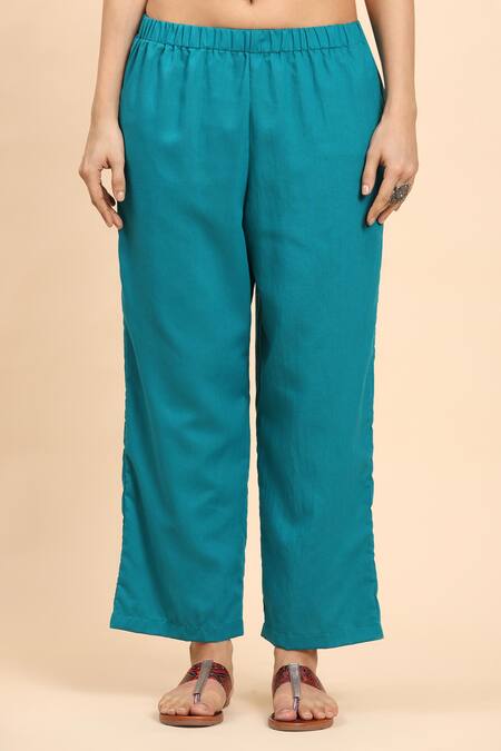 Mamicha_Green Cotton Embroidery Round Neck Floral Kurta Palazzo Set_Online_at_Aza_Fashions