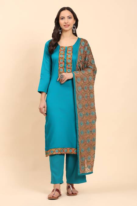 Buy_Mamicha_Green Cotton Embroidery Round Neck Floral Kurta Palazzo Set_Online_at_Aza_Fashions