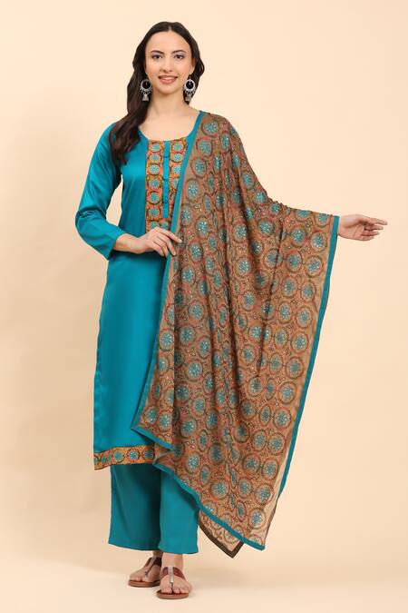 Mamicha_Green Cotton Embroidery Round Neck Floral Kurta Palazzo Set_at_Aza_Fashions