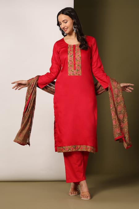 Mamicha Red Cotton Embroidery Round Neck Placket Kurta Palazzo Set 