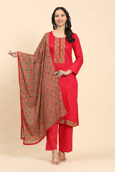 Buy_Mamicha_Red Cotton Embroidery Round Neck Placket Kurta Palazzo Set_Online_at_Aza_Fashions