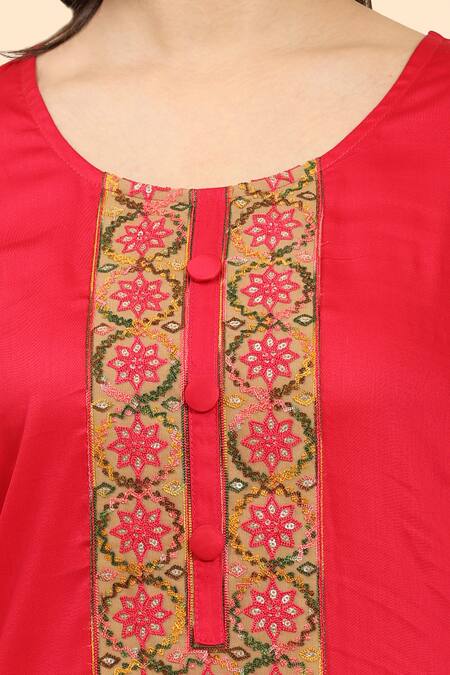 Shop_Mamicha_Red Cotton Embroidery Round Neck Placket Kurta Palazzo Set_Online_at_Aza_Fashions