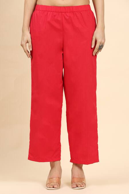 Mamicha_Red Cotton Embroidery Round Neck Placket Kurta Palazzo Set_at_Aza_Fashions