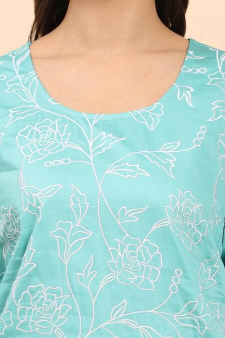 Mamicha Blue Cotton Embroidery Round Neck Floral Vine Kurta Palazzo Set Online at Aza Fashions Mamicha_Blue Cotton Embroidery Round Neck Floral Vine Kurta Palazzo Set_Online_at_Aza_Fashions