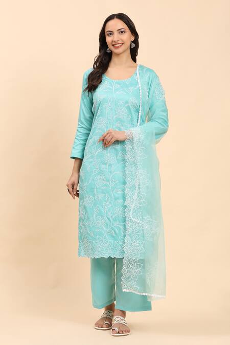 Shop Mamicha Blue Cotton Embroidery Round Neck Floral Vine Kurta Palazzo Set Online at Aza Fashions Shop_Mamicha_Blue Cotton Embroidery Round Neck Floral Vine Kurta Palazzo Set_Online_at_Aza_Fashions