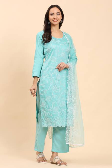 Mamicha Blue Cotton Embroidery Round Neck Floral Vine Kurta Palazzo Set at Aza Fashions Mamicha_Blue Cotton Embroidery Round Neck Floral Vine Kurta Palazzo Set_at_Aza_Fashions