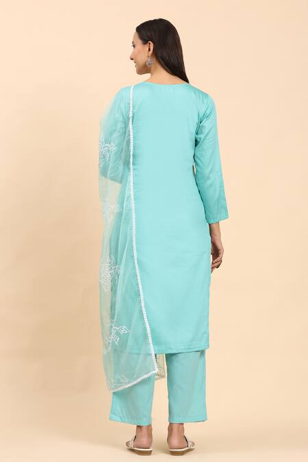 Shop Mamicha Blue Cotton Embroidery Round Neck Floral Vine Kurta Palazzo Set at Aza Fashions Shop_Mamicha_Blue Cotton Embroidery Round Neck Floral Vine Kurta Palazzo Set_at_Aza_Fashions