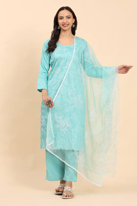 Buy Mamicha Blue Cotton Embroidery Round Neck Floral Vine Kurta Palazzo Set Buy_Mamicha_Blue Cotton Embroidery Round Neck Floral Vine Kurta Palazzo Set