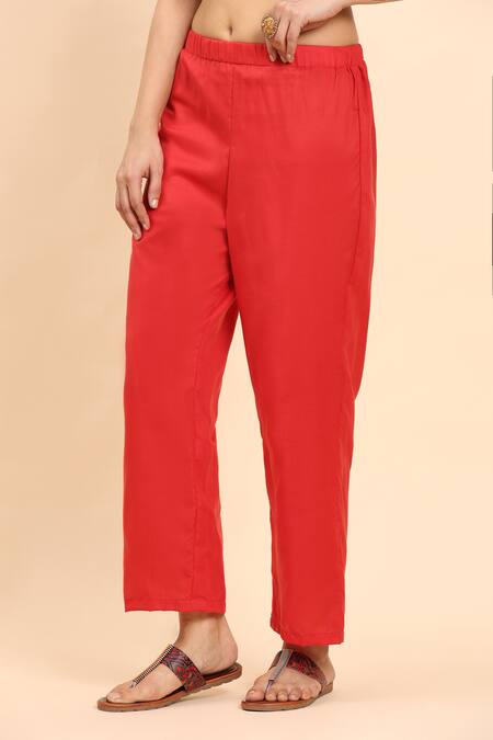 Mamicha Red Cotton Embroidery Round Neck Geometric Kurta Palazzo Set Online at Aza Fashions Mamicha_Red Cotton Embroidery Round Neck Geometric Kurta Palazzo Set_Online_at_Aza_Fashions