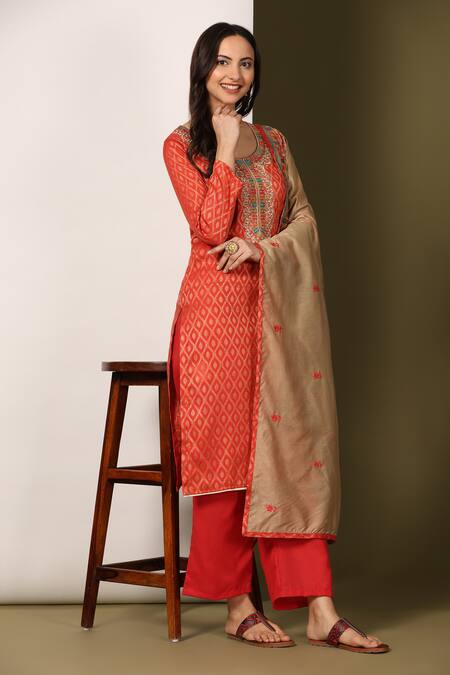 Shop Mamicha Red Cotton Embroidery Round Neck Geometric Kurta Palazzo Set Online at Aza Fashions Shop_Mamicha_Red Cotton Embroidery Round Neck Geometric Kurta Palazzo Set_Online_at_Aza_Fashions