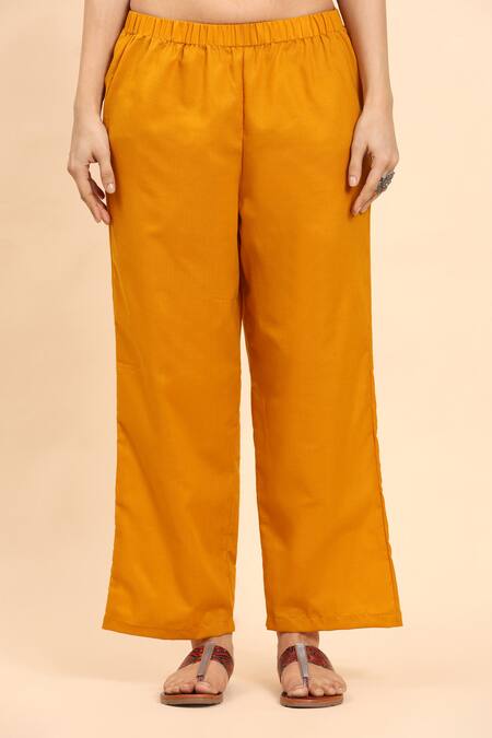 Mamicha_Yellow Cotton Embroidery Round Neck Geometric Woven Kurta Palazzo Set_Online_at_Aza_Fashions