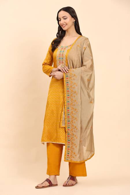 Buy_Mamicha_Yellow Cotton Embroidery Round Neck Geometric Woven Kurta Palazzo Set_Online_at_Aza_Fashions