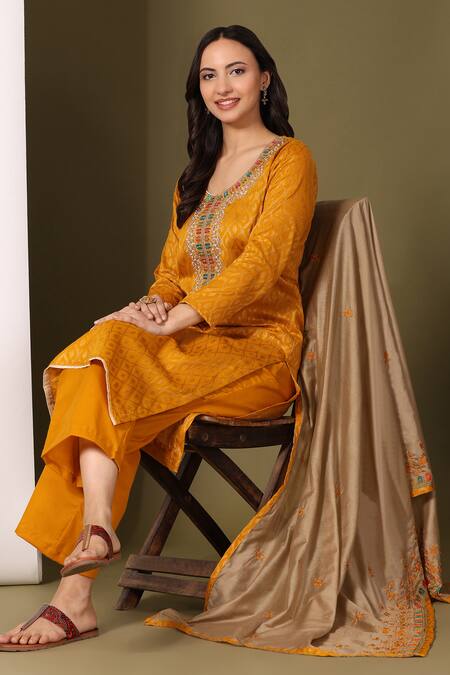Shop_Mamicha_Yellow Cotton Embroidery Round Neck Geometric Woven Kurta Palazzo Set_Online_at_Aza_Fashions