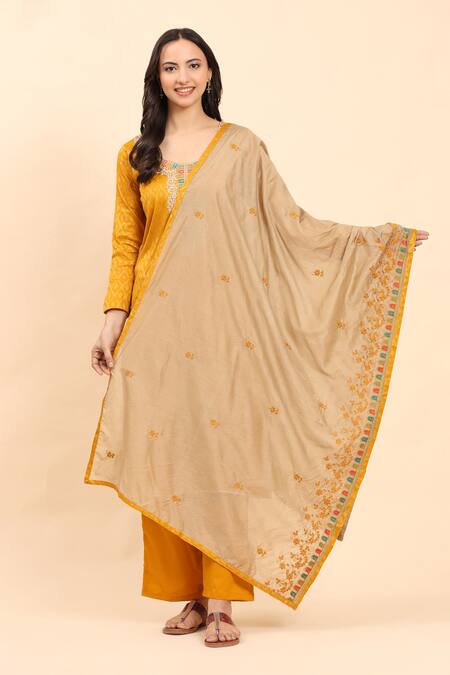 Mamicha_Yellow Cotton Embroidery Round Neck Geometric Woven Kurta Palazzo Set_at_Aza_Fashions