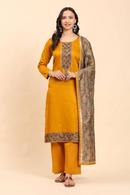 Mamicha_Yellow Cotton Sequins, Embroidery Round Neck Mustard Kurta Palazzo Set_Online_at_Aza_Fashions