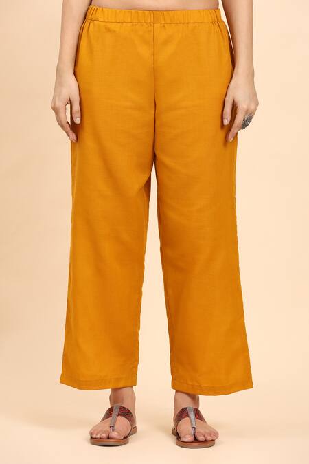 Buy_Mamicha_Yellow Cotton Sequins, Embroidery Round Neck Mustard Kurta Palazzo Set_Online_at_Aza_Fashions